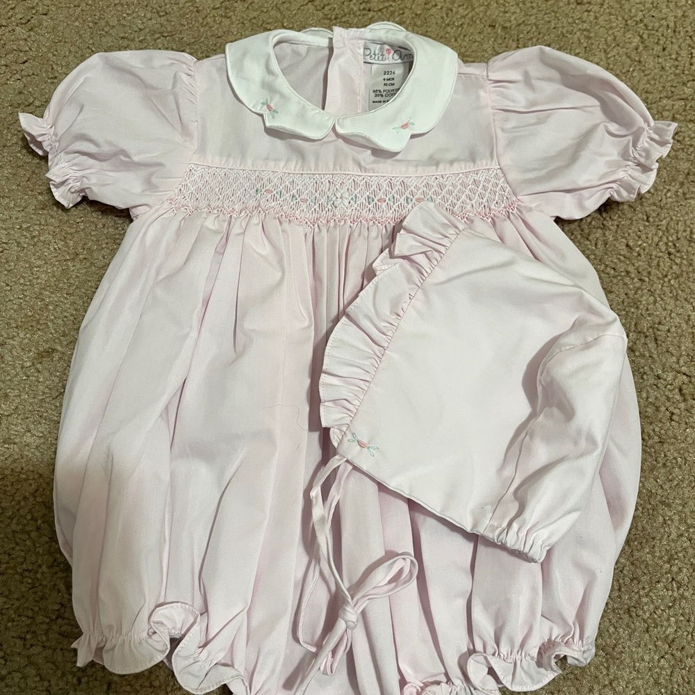 Petit Ami Pink Smocked One Piece with Bonnet